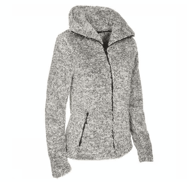 Image of a heathered gray fleece jacket with a large hood and zipper front.