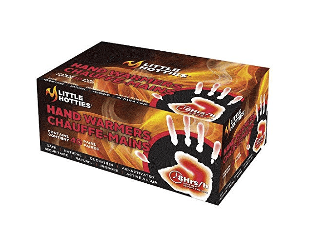 A box of Little Hotties hand warmers featuring the product's benefits and heating duration indication on the packaging.