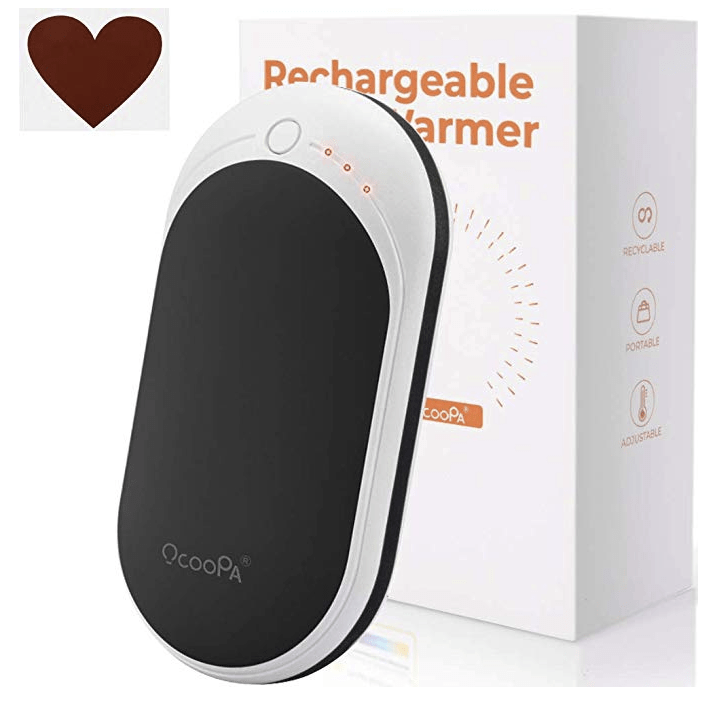 Black and white rechargeable hand warmer next to its product box with a heart symbol above.