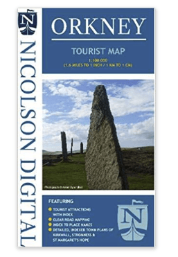 A cover image of the Orkney tourist map by Nicolson Digital featuring standing stones and details of map features.