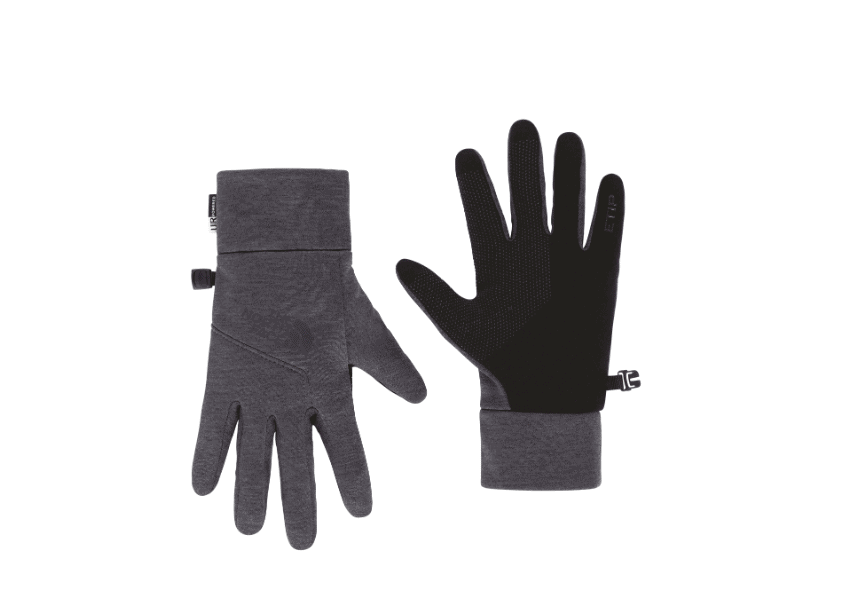 A pair of gray and black sports gloves against a white background.