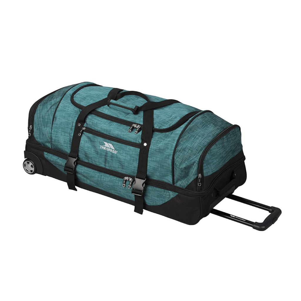A teal and black wheeled duffle bag with handle extended, isolated on white background.