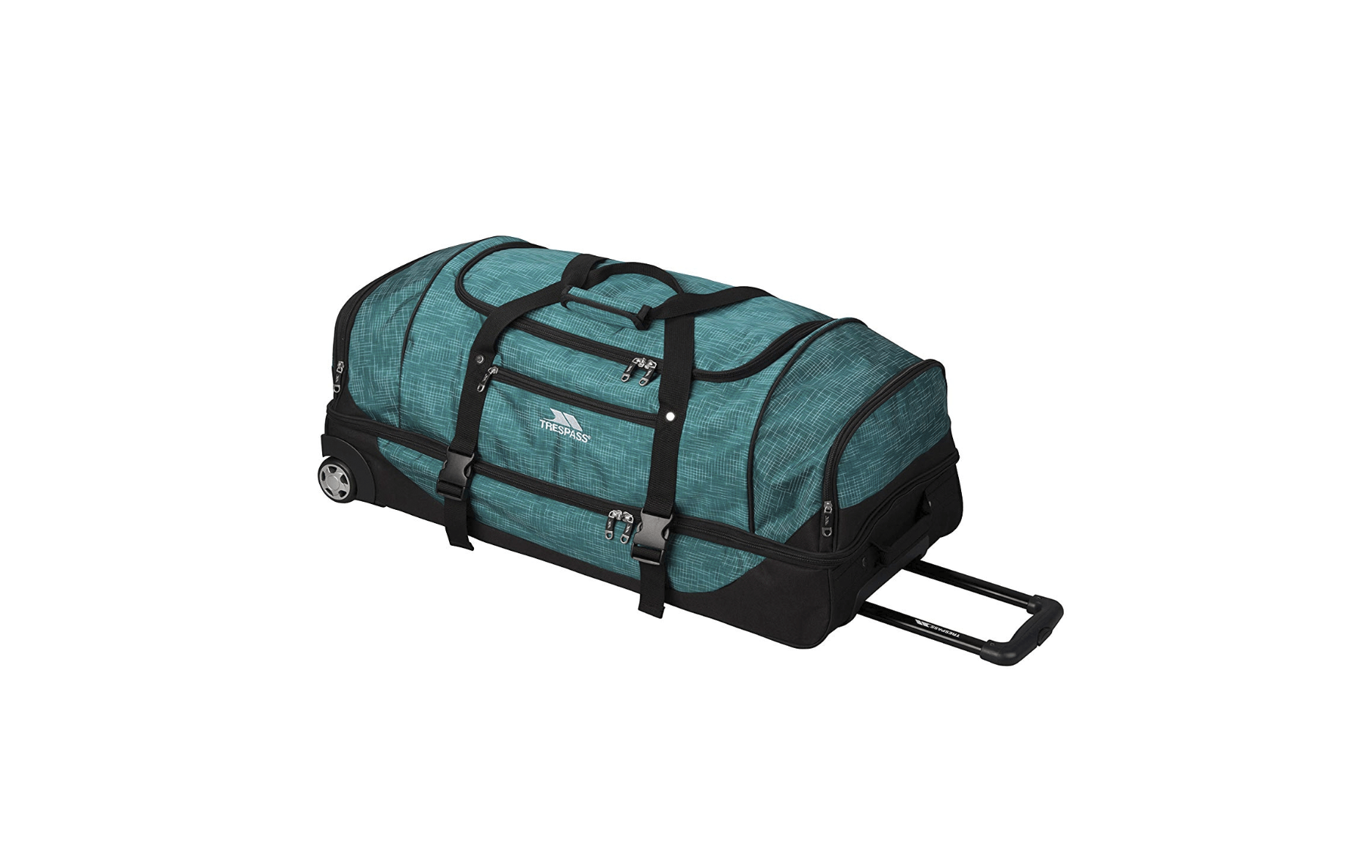 A teal and black wheeled duffle bag with handle extended, isolated on white background.