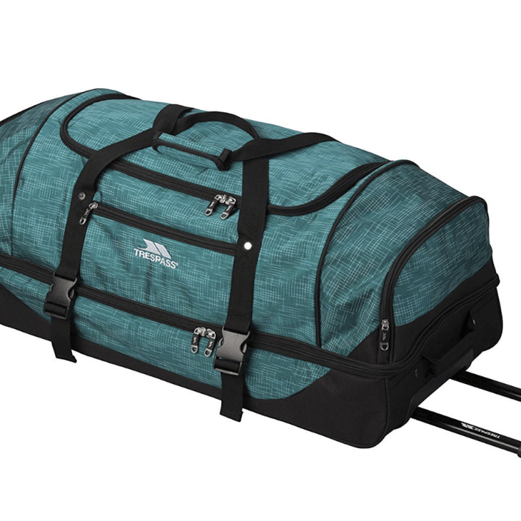 A turquoise wheeled duffel bag with black trim and handles, featuring multiple pockets and the Trespass brand logo.