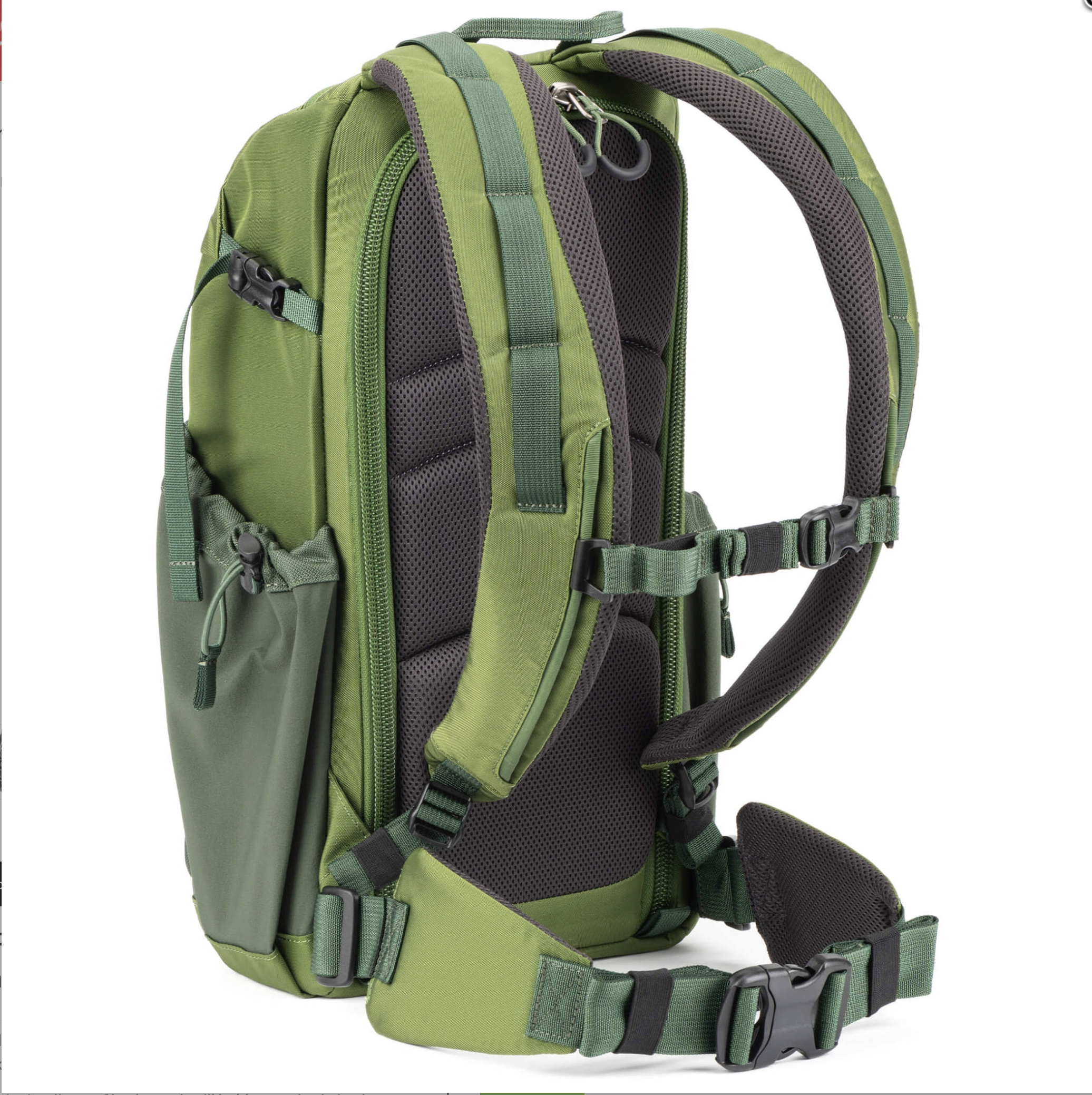 A green outdoor backpack suitable for hiking with multiple compartments and adjustable straps, pictured on a white background.