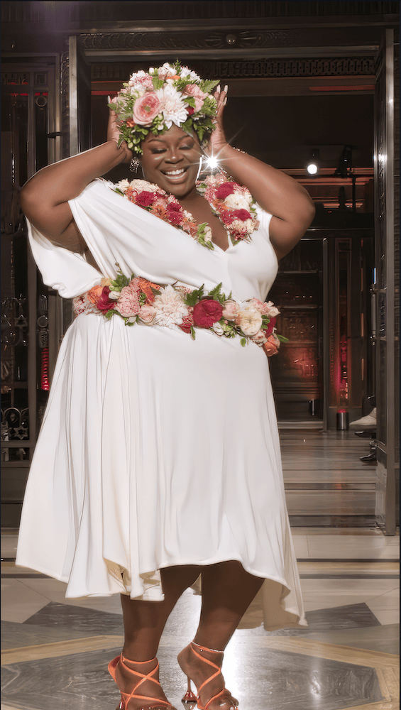A happy woman in a white dress adorned with a flower crown and matching floral accessories, standing in an indoor setting.