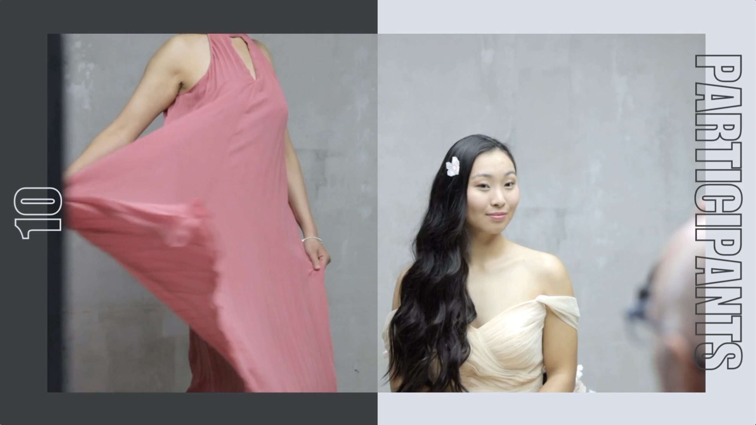 A split-screen image showing a woman in a flowing pink dress on the left and a close-up of a smiling woman with a flower in her hair on the right.