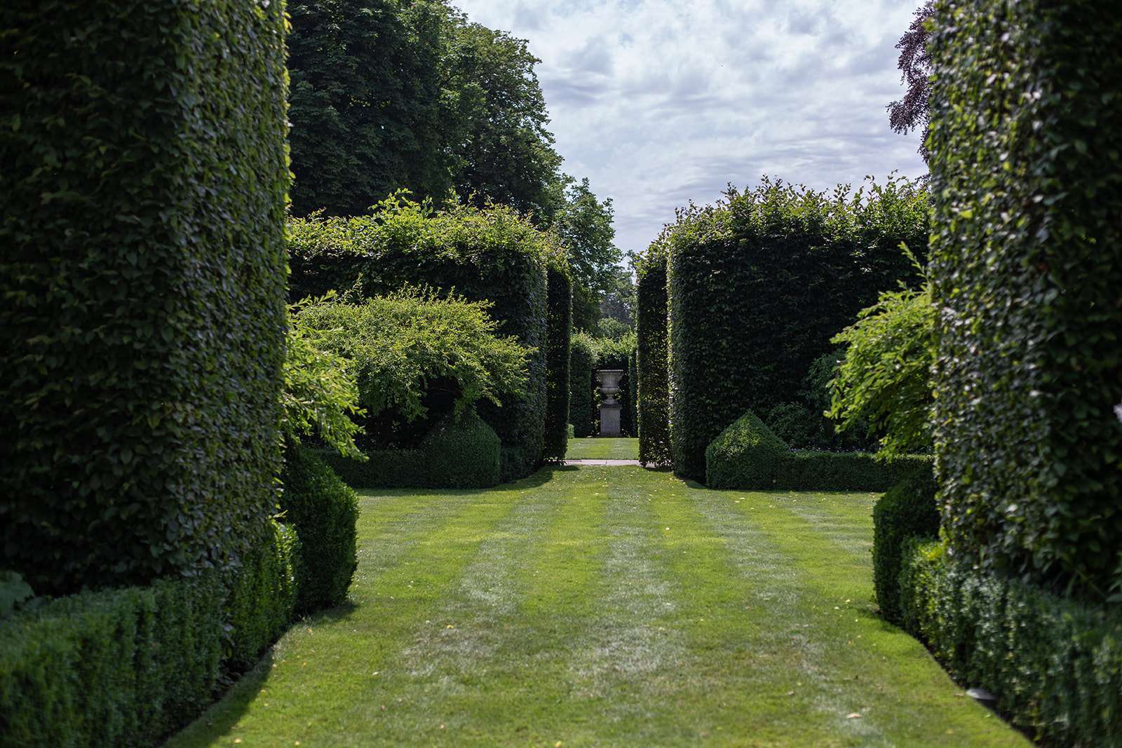 A well-manicured garden pathway lined by tall, neatly-trimmed hedges under a partly cloudy sky.
