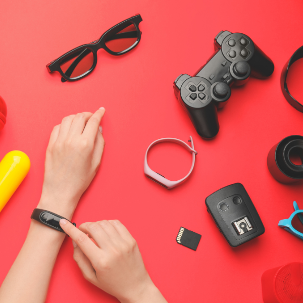 lots of gadgets on a red background