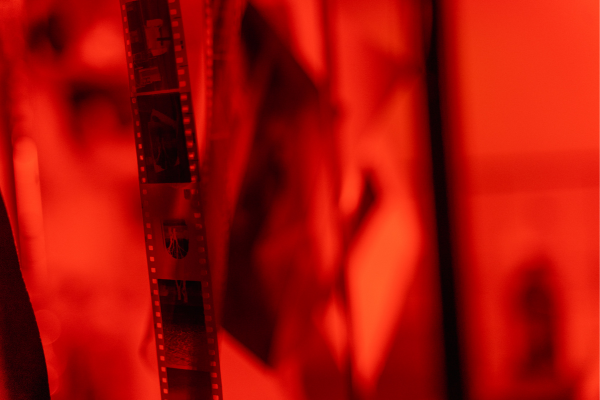 negatives hanging in the darkroom
